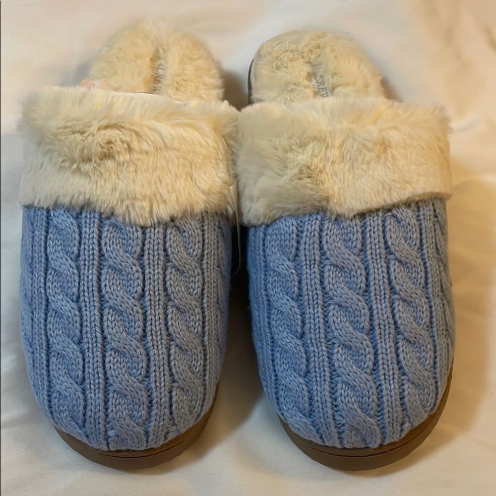 J. CREW Cozy Blue Cable Knit Slippers with Faux Fur